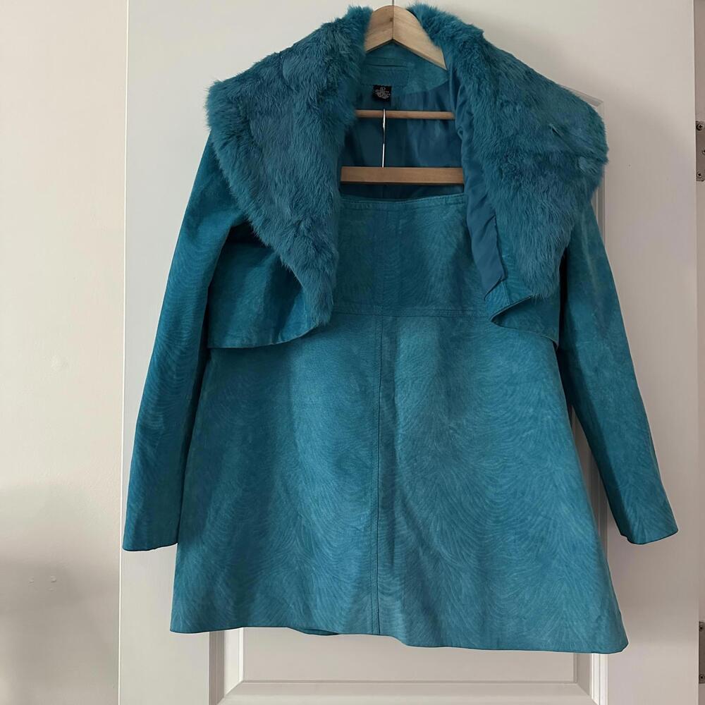 Vintage Blue Suede Matching Skirt Suit Size L